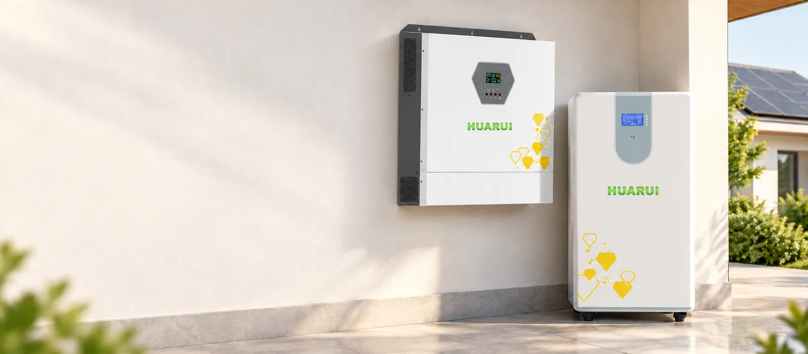 HUARUI solar inverter and energy storage battery in a sunlit architectural setting